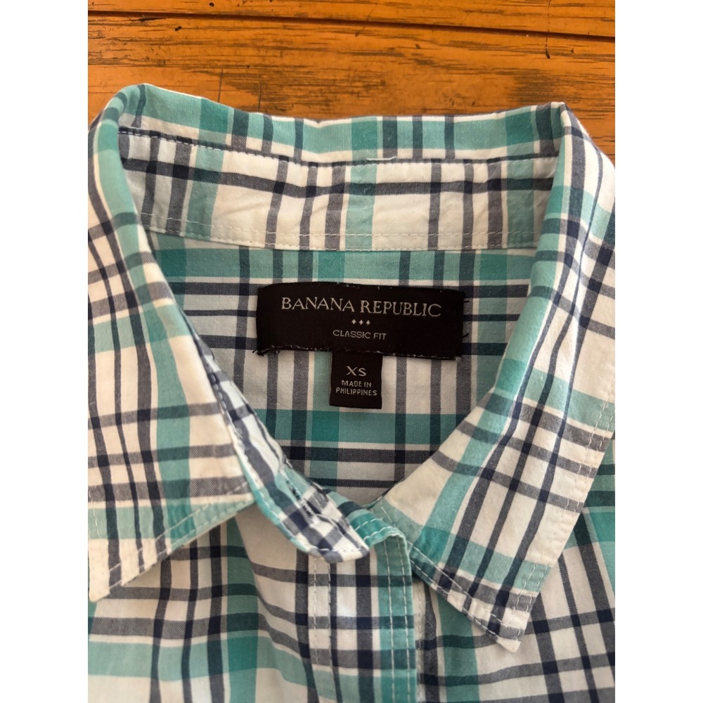 Banana Republic Plaid Button Down Women XS Teal Excellent Classic Fit Shirt